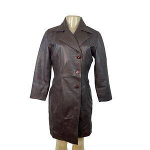 Womens Brown Leather Button-Up Trench Coat With Faux Fur Lining